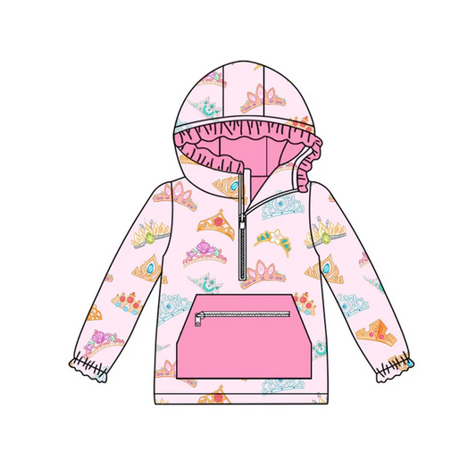9.13 Preorder (moq 5)Baby Girls Colorful Crowns Pocket Zipper Ruffle Hoodies Top