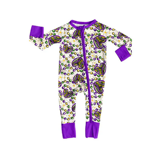 9.13 Preorder (moq 5)Baby Girls Leopard Hearts Checked Mardigras Zipper Footie Rompers