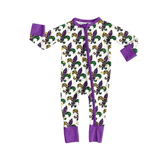 9.13 Preorder (moq 5)Baby Girls Anchors Checked Mardigras Zipper Footie Rompers