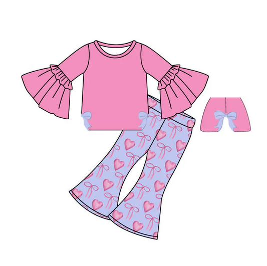 9.13 Preorder (moq 5)Baby Girls Pink Bell Sleeve Shirts Bows Hearts Bell Bottom Pants Valentine Clothes Sets