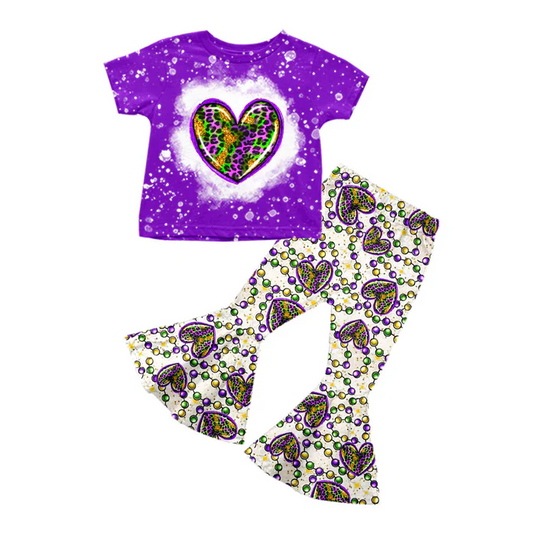 9.13 Preorder (moq 5)Baby Girls Leopard Hearts Top Bell Bottom Pants Mardigras Clothes Sets
