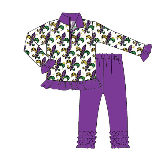 9.13 Preorder (moq 5)Baby Girls Anchors Zipper Pullover Ruffle Legging Mardigras Clothes Sets