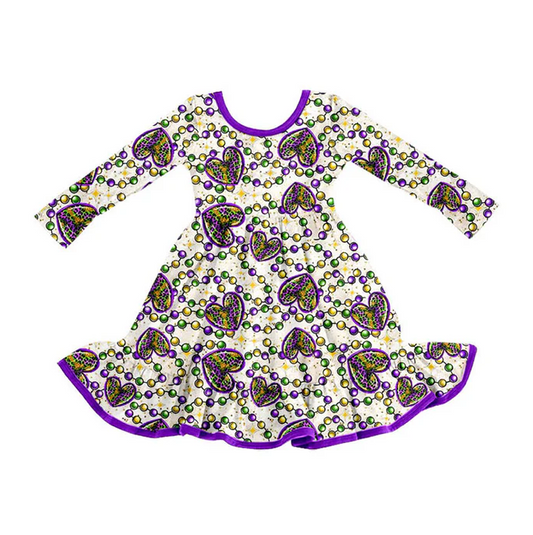9.13  Preorder (moq 5)Baby Girls Leopard Hearts Checked Mardigras Ruffle Knee Length Dresses