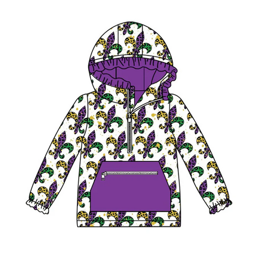9.13 Preorder (moq 5)Baby Girls Anchors Checked Pocket Zipper Mardigras Ruffle Hoodies Top