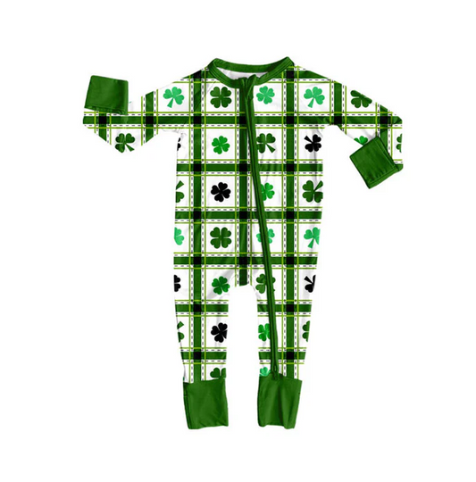 9.13 Preorder (moq 5)Baby Boys Clovers Checked St Patrick Zipper Footie Rompers