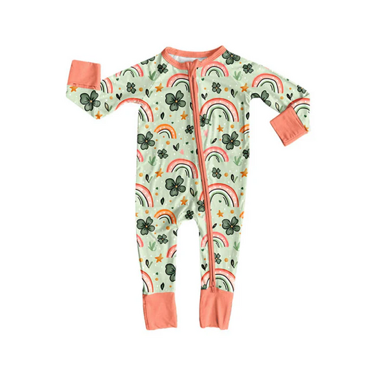 9.13 Preorder (moq 5)Baby Girls Clovers Rainbows St Patrick Zipper Footie Rompers