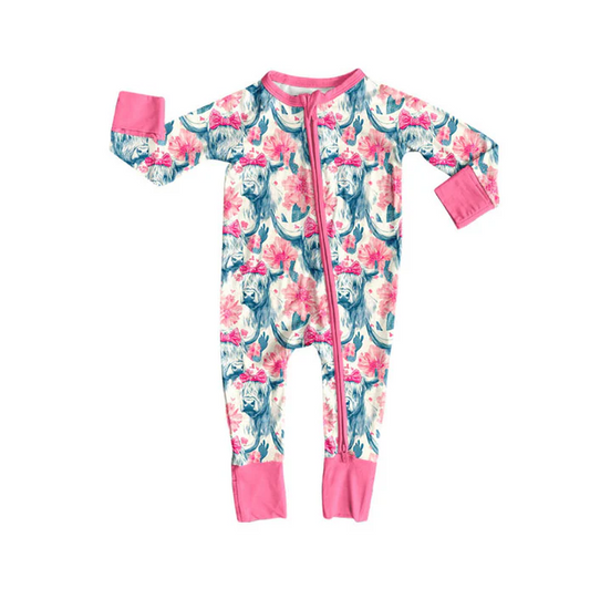 9.13 Preorder (moq 5)Baby Girls Highland Cows Flowers Western Zipper Footie Rompers