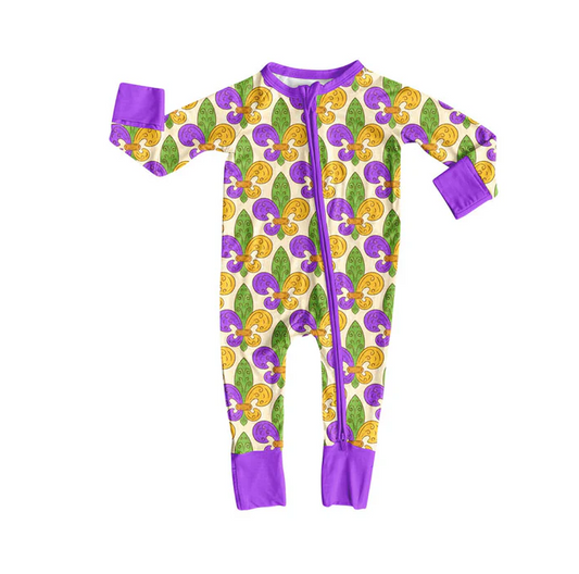 9.13 Preorder (moq 5)Baby Boys Purple Yellow Green Mardigras Zipper Footie Rompers
