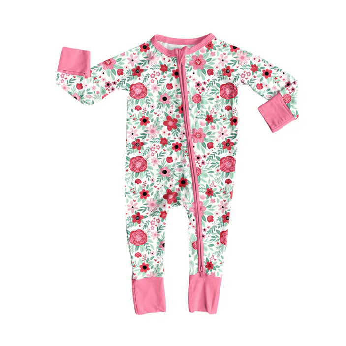 9.15 Preorder (moq 5)Baby Girls Long Sleeve Pink Flowers Zipper Footie Rompers