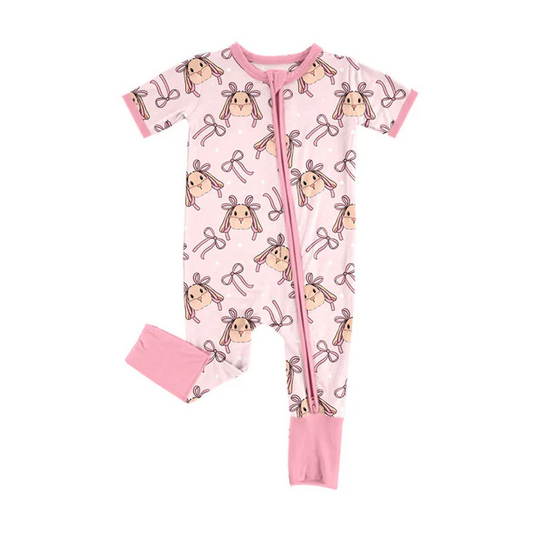 9.15 Preorder (moq 5)Baby Girls Short Sleeve Pink Bows Rabbits Easter Zipper Footie Rompers