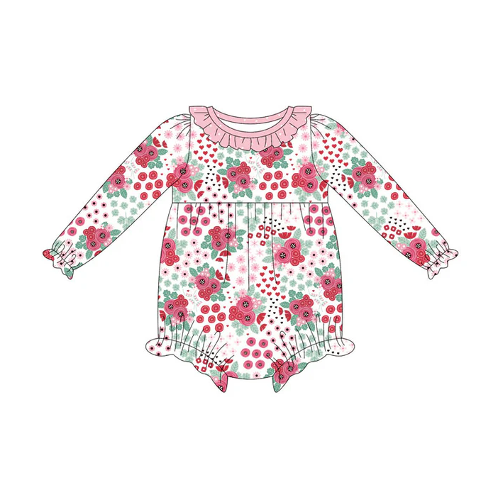 9.15 Preorder (moq 5)Baby Girls Long Ruffle Sleeve Pink Flowers Rompers