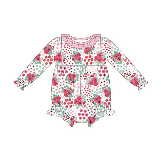 9.15 Preorder (moq 5)Baby Girls Long Ruffle Sleeve Pink Flowers Rompers