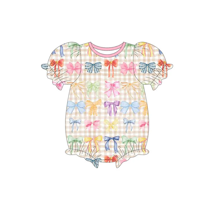 9.15 Preorder (moq 5)Baby Girls Colorful Bows Checked Short Ruffle Sleeve Rompers