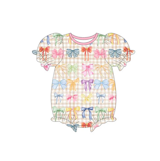 9.15 Preorder (moq 5)Baby Girls Colorful Bows Checked Short Ruffle Sleeve Rompers