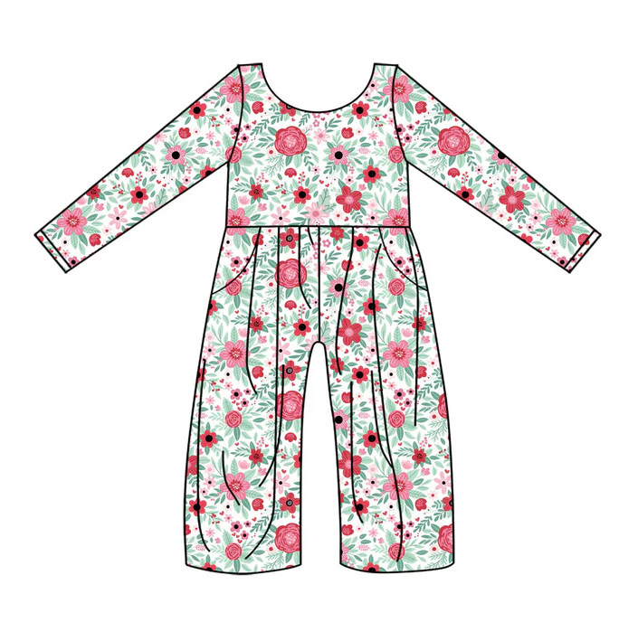 9.15 Preorder (moq 5)Baby Girls Long Sleeve Red Flowers Pockets Jumpsuits