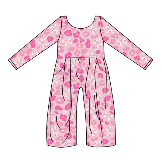 9.15 Preorder (moq 5)Baby Girls Long Sleeve Pink Bows Leopard Pockets Jumpsuits