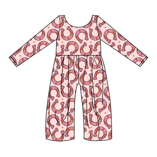 9.15 Preorder (moq 5)Baby Girls Long Sleeve Pink Horse Shoes Hearts Pockets Jumpsuits