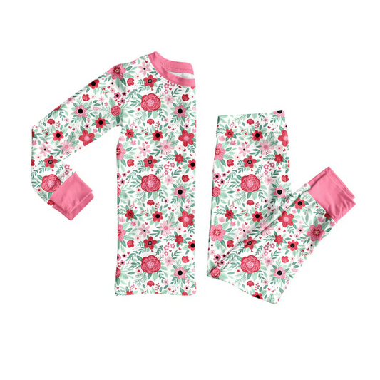 9.15 Preorder (moq 5)Baby Girls Long Sleeve Pink Flowers Bows Top Pant Pajamas Sets