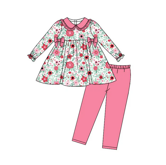 9.15 Preorder (moq 5)Baby Girls Pink Flowers Bows Tunic Leggings Pant Clothes Sets
