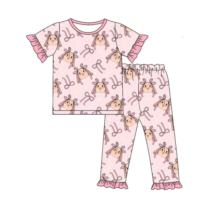 9.15 Preorder (moq 5)Baby Girls Pink Bows Rabbits Top Ruffle Pants Easter Pajamas Sets