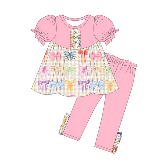 9.15 Preorder (moq 5)Baby Girls Colorful Bows Checked Button Tunic Legging Pants Clothes Sets