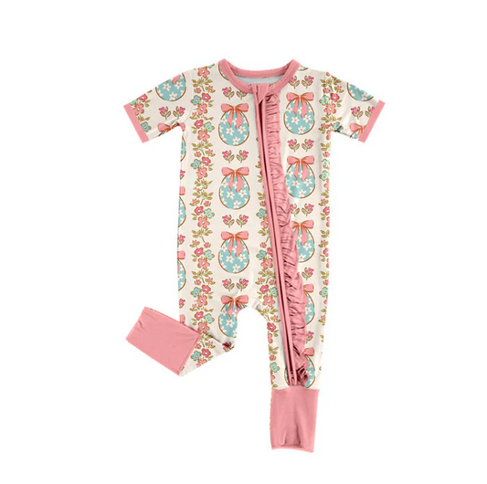 9.15 Preorder (moq 5)Baby Girls Eggs Flowers Stripe Easter Ruffle Zipper Footie Rompers