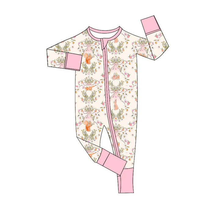9.15 Preorder (moq 5)Baby Girls Flowers Rabbits Squirrels Easter Zipper Footie Rompers