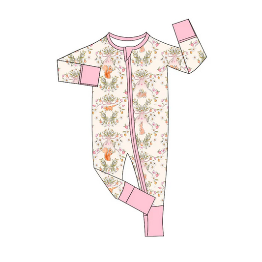 9.15 Preorder (moq 5)Baby Girls Flowers Rabbits Squirrels Easter Zipper Footie Rompers