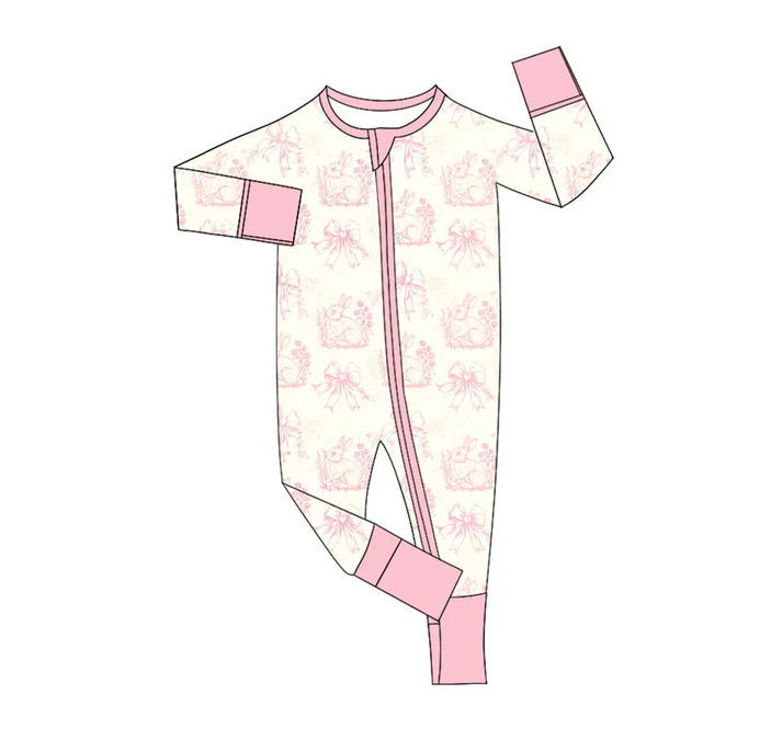 9.15 Preorder (moq 5)Baby Girls Pink Flowers Rabbits Easter Zipper Footie Rompers