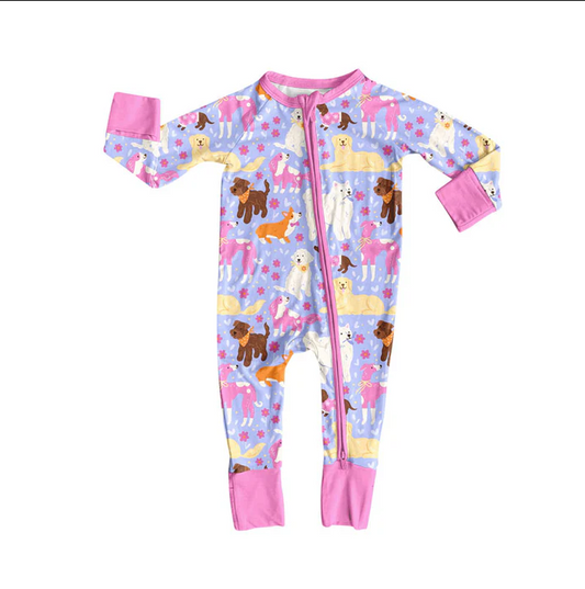 9.15 Preorder (moq 5)Baby Girls Flowers Dogs Valentine Zipper Footie Rompers