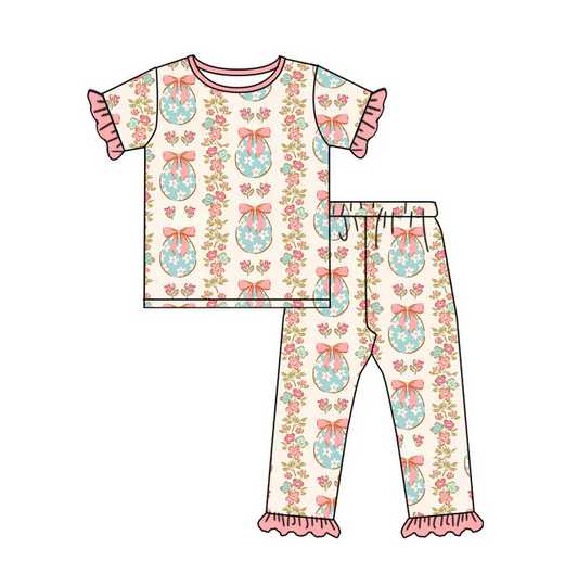 9.15 Preorder (moq 5)Baby Girls Eggs Flowers Stripe Top Ruffle Pants Easter Clothes Sets