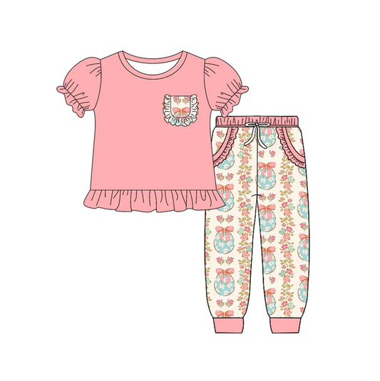 9.15 Preorder (moq 5)Baby Girls Eggs Flowers Pocket Top Pockets Legging Easter Clothes Sets