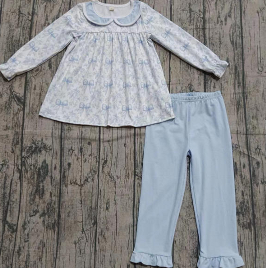 9.15 Preorder (moq 5)Baby Girls Blue Bows Floral Tunic Ruffle Legging Clothes Sets