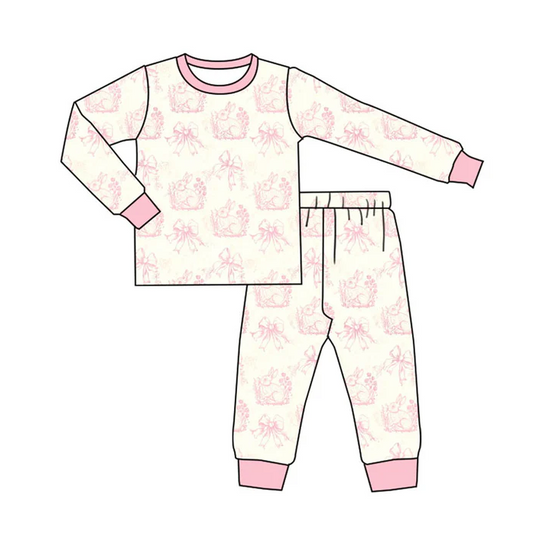 9.15 Preorder (moq 5)Baby Girls Pink Flowers Rabbits Top Pants Easter Pajamas Sets