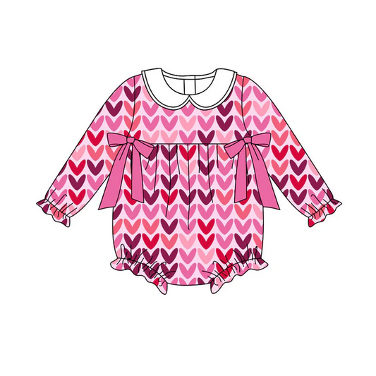 9.15 Preorder (moq 5)Baby Girls Pink Hearts Bows Valentine Ruffle Rompers
