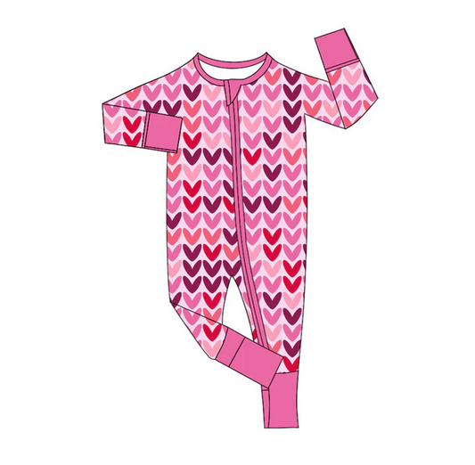 9.15 Preorder (moq 5)Baby Girls Pink Hearts Valentine Zipper Footie Rompers