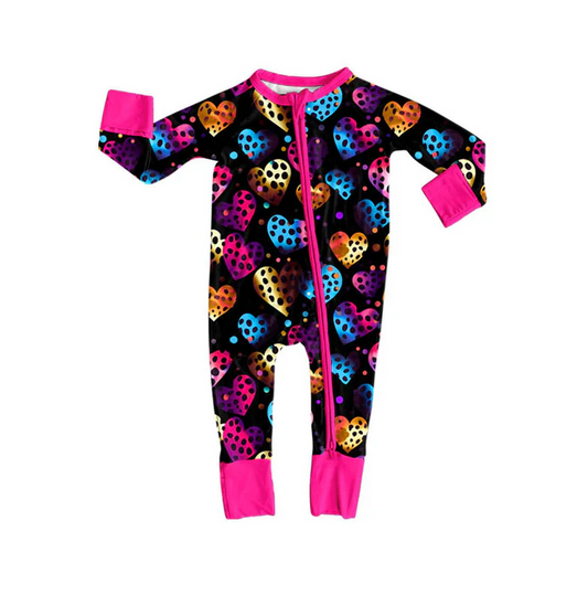 9.15 Preorder (moq 5)Baby Girls Polka Dots Hearts Valentine Zipper Footie Rompers