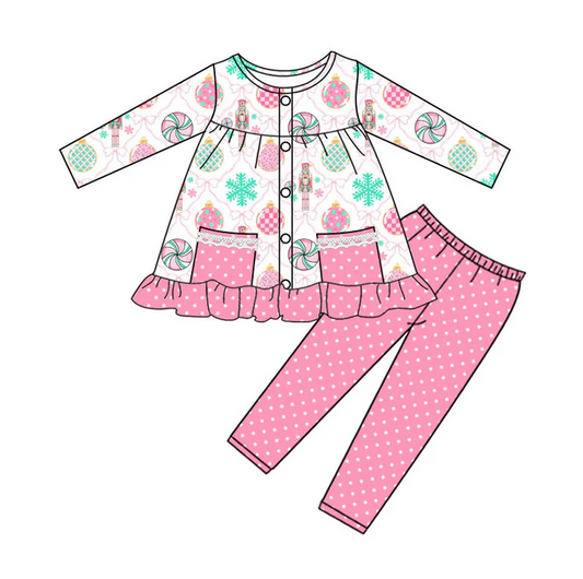 9.15 Preorder (moq 5)Baby Girls Bows Soldiers Button Pockets Tunic Leggings Christmas Clothes Sets