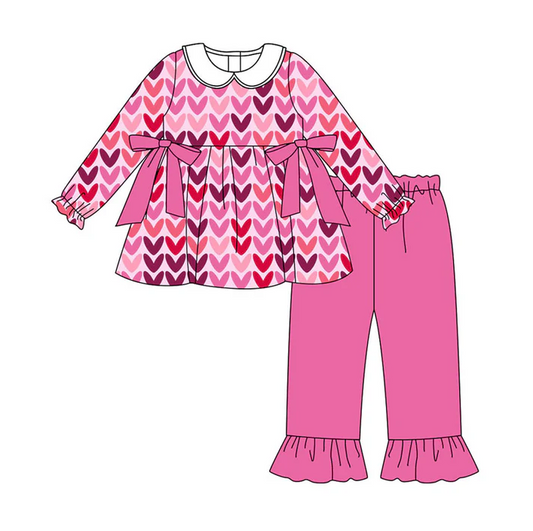9.15 Preorder (moq 5)Baby Girls Pink Hearts Bows Tunic Ruffle Pants Valentine Clothes Sets
