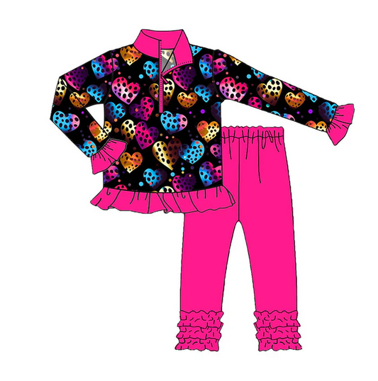 9.15 Preorder (moq 5)Baby Girls Polka Dots Hearts Zipper Pullover Ruffle Leggings Valentine Clothes Sets