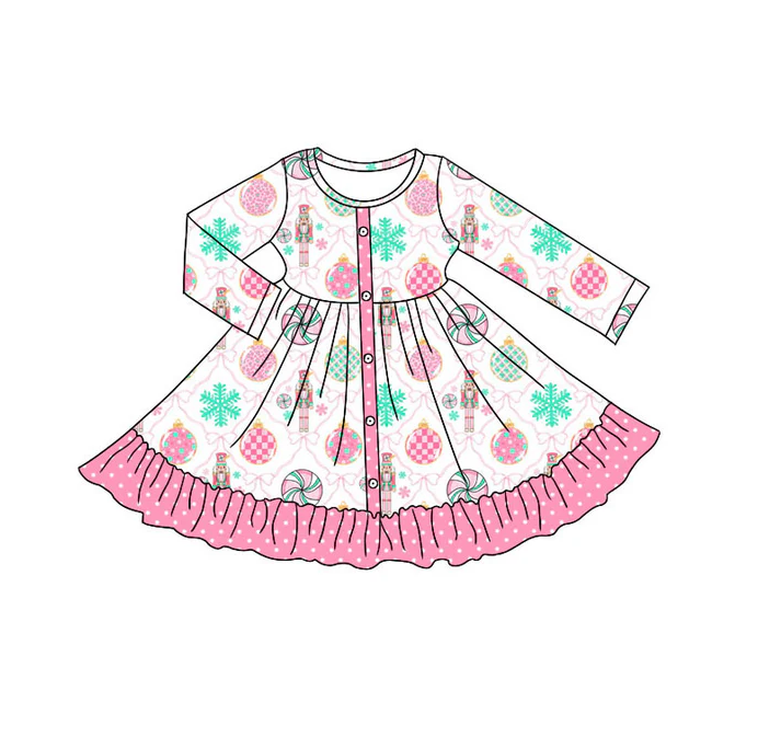 9.15 Preorder (moq 5)Baby Girls Pink Bows Soldiers Button Ruffle Christmas Knee Length Dresses