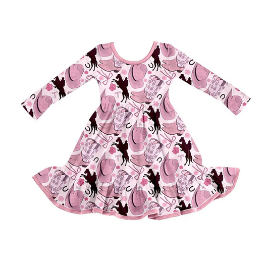 9.15 Preorder (moq 5)Baby Girls Hats Horse Rodeos Western Ruffle Knee Length Dresses