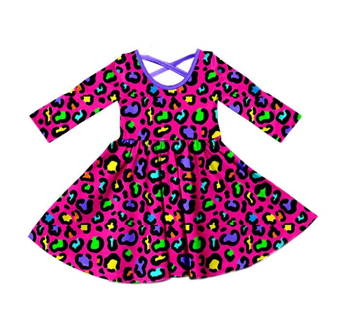 9.15 Preorder (moq 5)Baby Girls Pink Colorful Leopard Knee Length Dresses