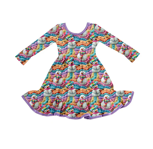 9.15 Preorder (moq 5)Baby Girls Christmas Colorful Snowman Knee Length Dresses