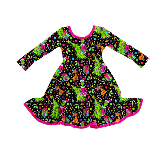 9.15 Preorder (moq 5)Baby Girls Christmas Green Face Tree Pink Knee Length Dresses