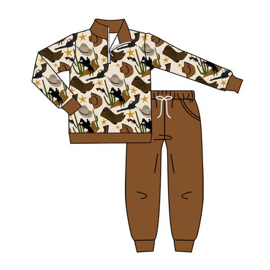 9.15 Preorder (moq 5)Baby Boys Hats Horse Rodeos Zipper Pullover Pockets Jogger Western Clothes Sets
