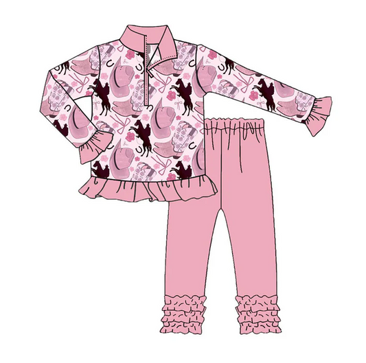 9.15 Preorder (moq 5)Baby Girls Hats Horse Rodeos Zipper Pullover Ruffle Leggings Western Clothes Sets