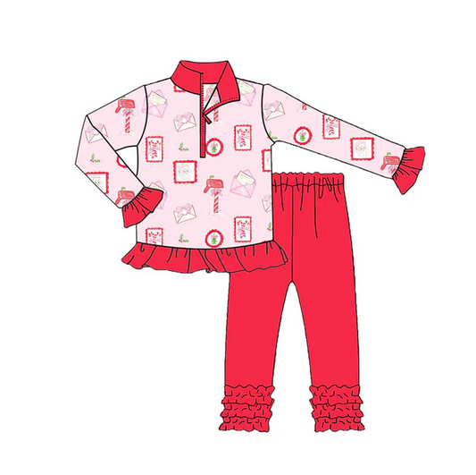 9.15 Preorder (moq 5)Baby Girls Santa Letter Zipper Pullover Ruffle Leggings Christmas Clothes Sets