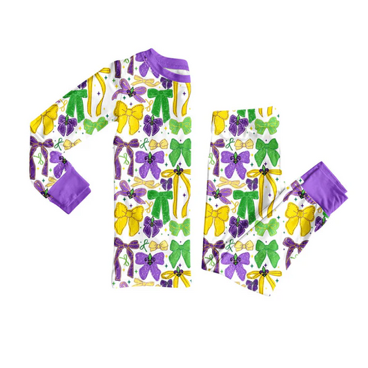 9.15 Preorder (moq 5)Baby Girls Purple Yellow Green Bows Stars Pants Mardigras Pajamas Sets
