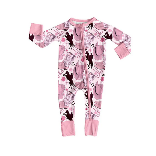9.15 Preorder (moq 5)Baby Girls Hats Horse Rodeos Western Zipper Footie Rompers